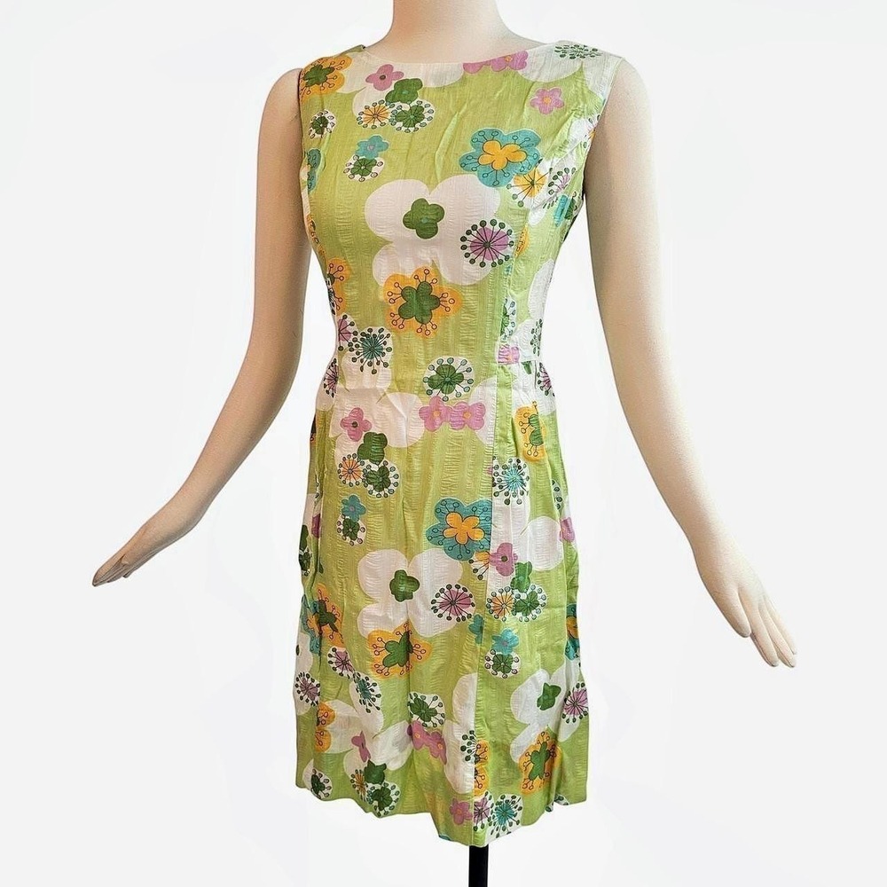 Green 1960s Flower Power Floral Sleeveless Dress Mod Vintage A-line Daisy MCM